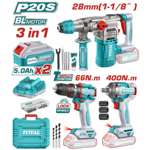 Σετ 3 Τεμ. Εργαλεία Μπαταρίας 20V 2×5.0Ah TCKLI20638E TOTAL