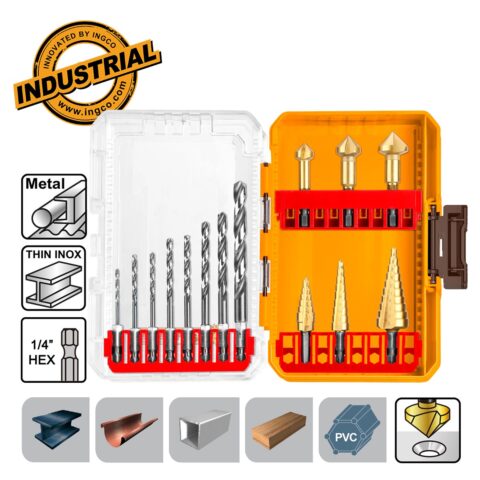 Τρυπάνια Κώνικα και Φρέζες Μετάλλου 1/4″ Hex Σετ 14 τεμ. AKDL61401 Ingco